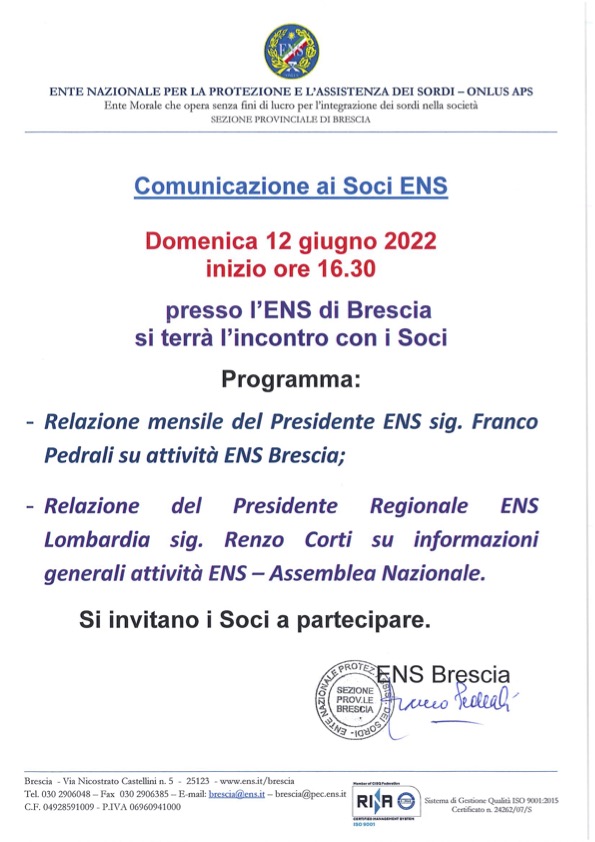 ENS BRESCIA Incontro con i Soci domenica 12 giugno 2022